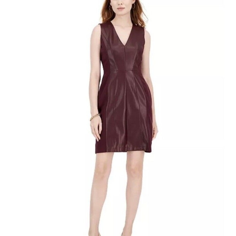 INC International Concepts Petite V-Neck Faux-Leather Ponté-Knit Sheath Dress 4
